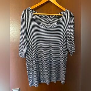 Banana Republic Thin striped, Navy and White Soft Knit Top Button Back Detail XL